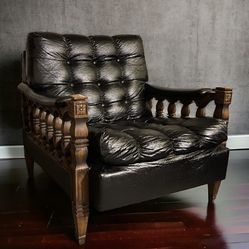 Vintage Black Leather Tufted 1960s Arm Chair