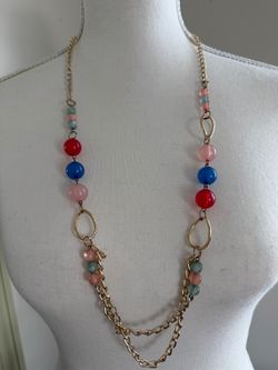 Vintage Long Gold-Tone Chain Necklace with Colorful Beads