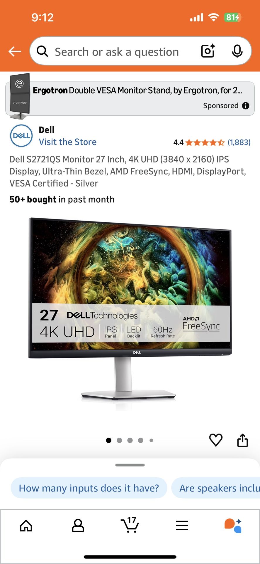 Moving sell-Dell S2721QS Monitor 27 Inch, 4K UHD (3840 x 2160) IPS Display, Ultra-Thin Bezel, AMD