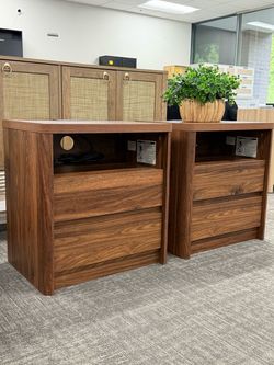 Set of 2, Modern Brown Nightstands, Clean lines, warm oak finish, and built-in cable management. The perfect blend of style and function for any bedro