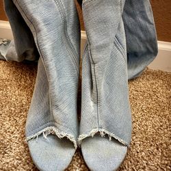 Denim Peep Toe Thigh High Boot Heels