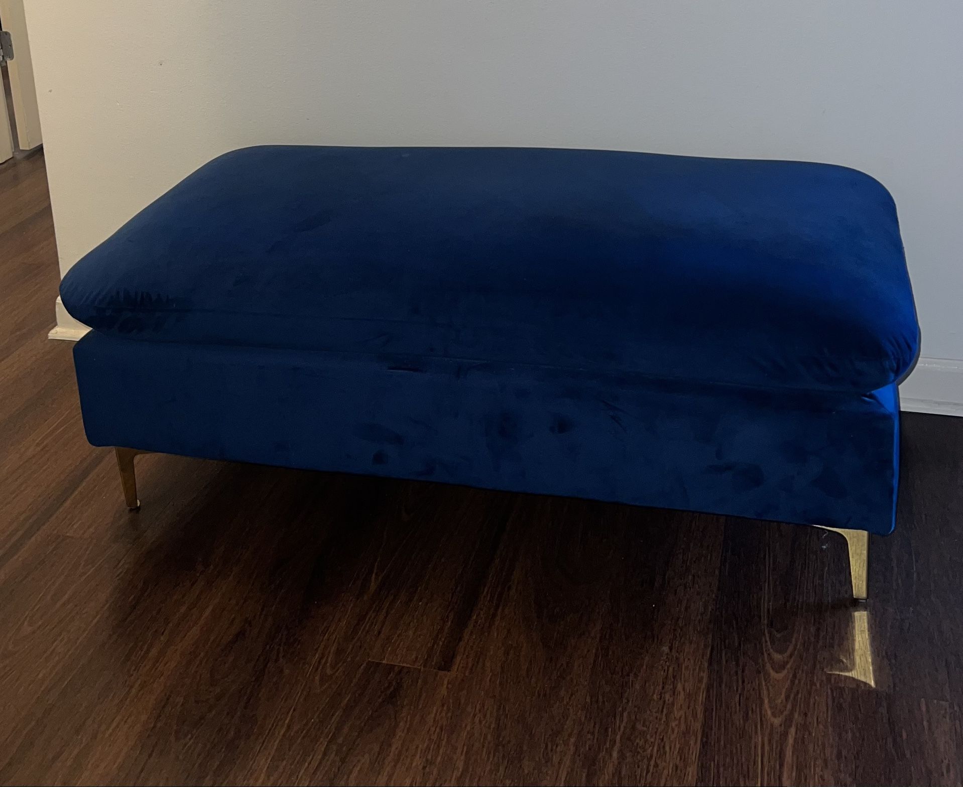 Long, Blue Suede Ottoman With Gold