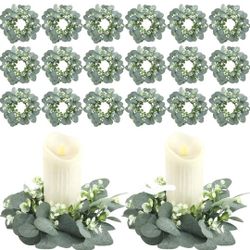  20 Pcs Candle Rings Artificial Eucalyptus Candle Wreath Rings Greenery Leaves Boho Candles Garland Pillar for Wedding