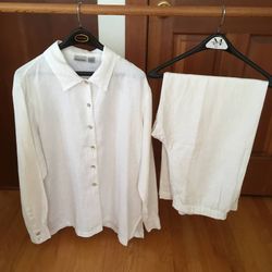 Chicos Plus Size Women White Linen Suit Button Top Sz 3 and Pants Sz 2