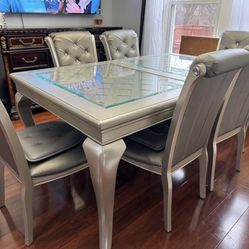 Champagne Dining Table Set; Table + 6 Side Chairs.