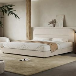 King Bed Frame with Headboard, Boucle Upholstered Platform Bed Frame wiith Rounded Corner, Soft Cloud Bed Frame, No Box Spring Needed, Cream