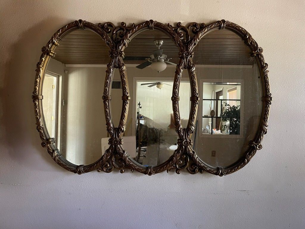 Mid-Century Triple Oval Interlocking Gold Wall Mirror