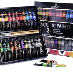 Acrylic Paint Set 24 Colors Pack of 12mL and 3 Brushes Art Supplies Painting for Canvas, Fabric, Plastic, Clay Craft Paint for Kids Beginners Adults