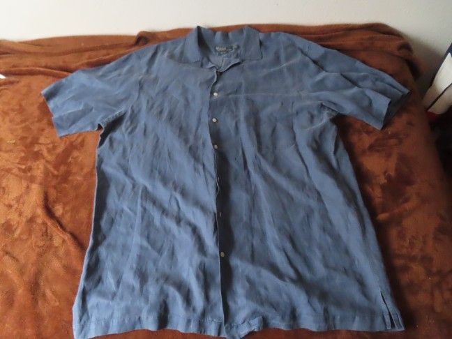 VINTAGE Polo Ralph Lauren Shirt Mens Blue Loop Collar Silk Linen Casual XL Tall