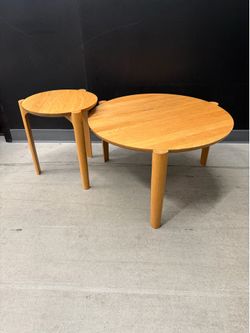 Round Oak Nesting Table Set | Large + Side Table | Cylinder Leg Scandinavian Modern | Like New