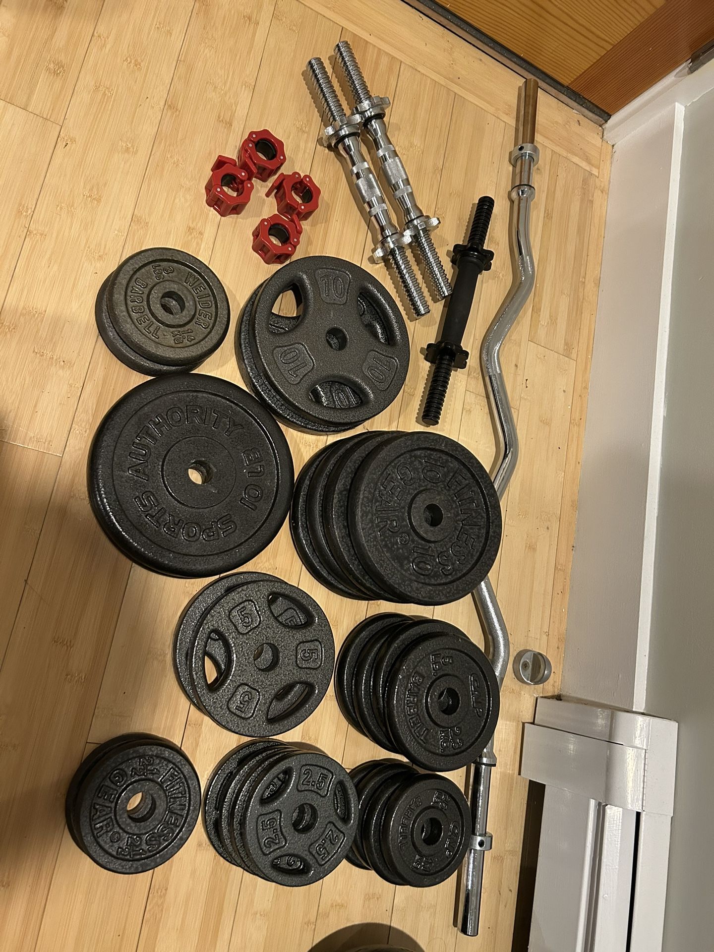 Weight Plates, Dumbbell Handles, Curl Bar