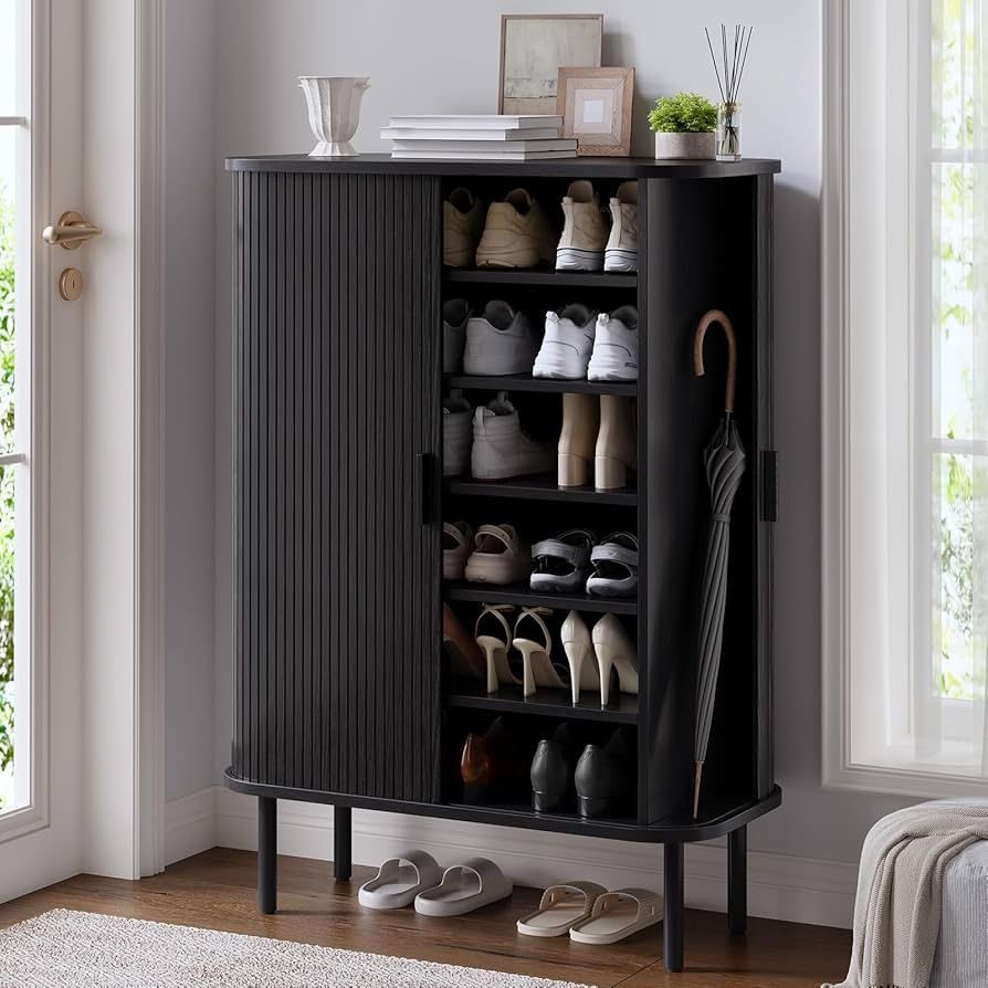 6-Tier Shoe Cabinet with Sliding Door, Wooden Shoe Storage Cabinet with Adjustable Shelves, Mid-Century Modern Freestanding Shoe Storage Organizer for