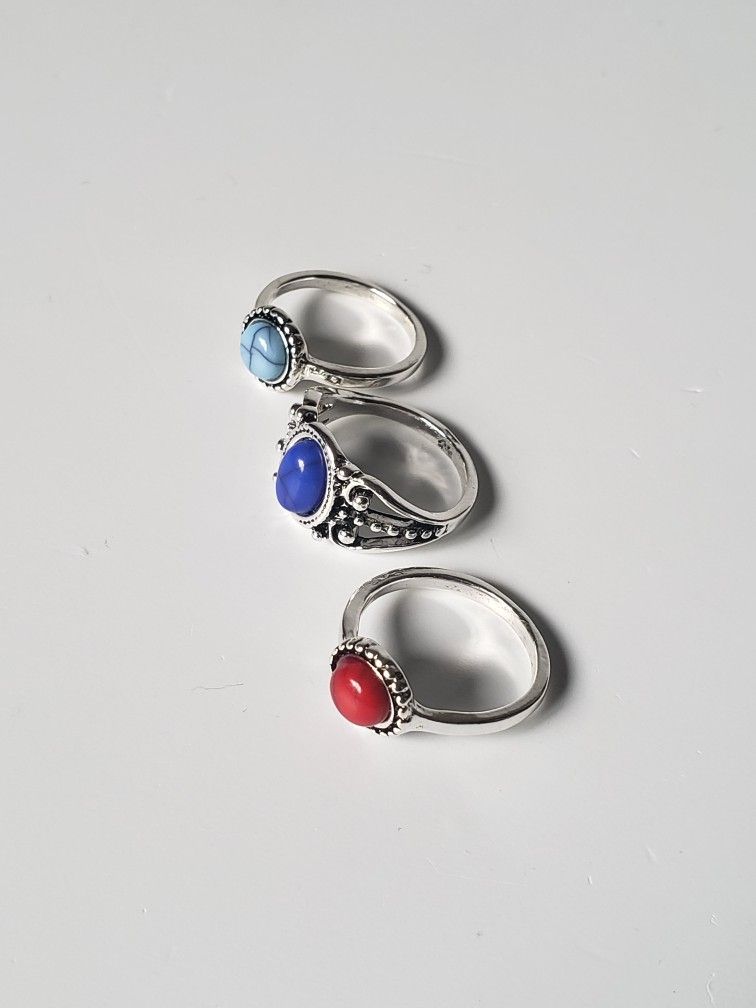 3 Pieces Women's Rings Bohemia Antique Silver plated Stone Finger joint Ring, Fashion Size 5.5