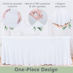 8ft Rectangular Table Skirt - White Wedding Spandex Table Cover - One Piece Fitted Stretchy Tablecloth - Wrinkle Resistant Ruffles - Great for Party, 