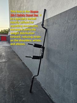 This item is the Rogue SB-1 Safety Squat Bar. It is a specialty barbell heavily utilized for squatting movements because it shifts the weight distribu