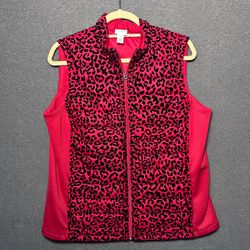 Weekends by Chico's Red Leopard Print Puffer Vest — Size 2 (M/L)