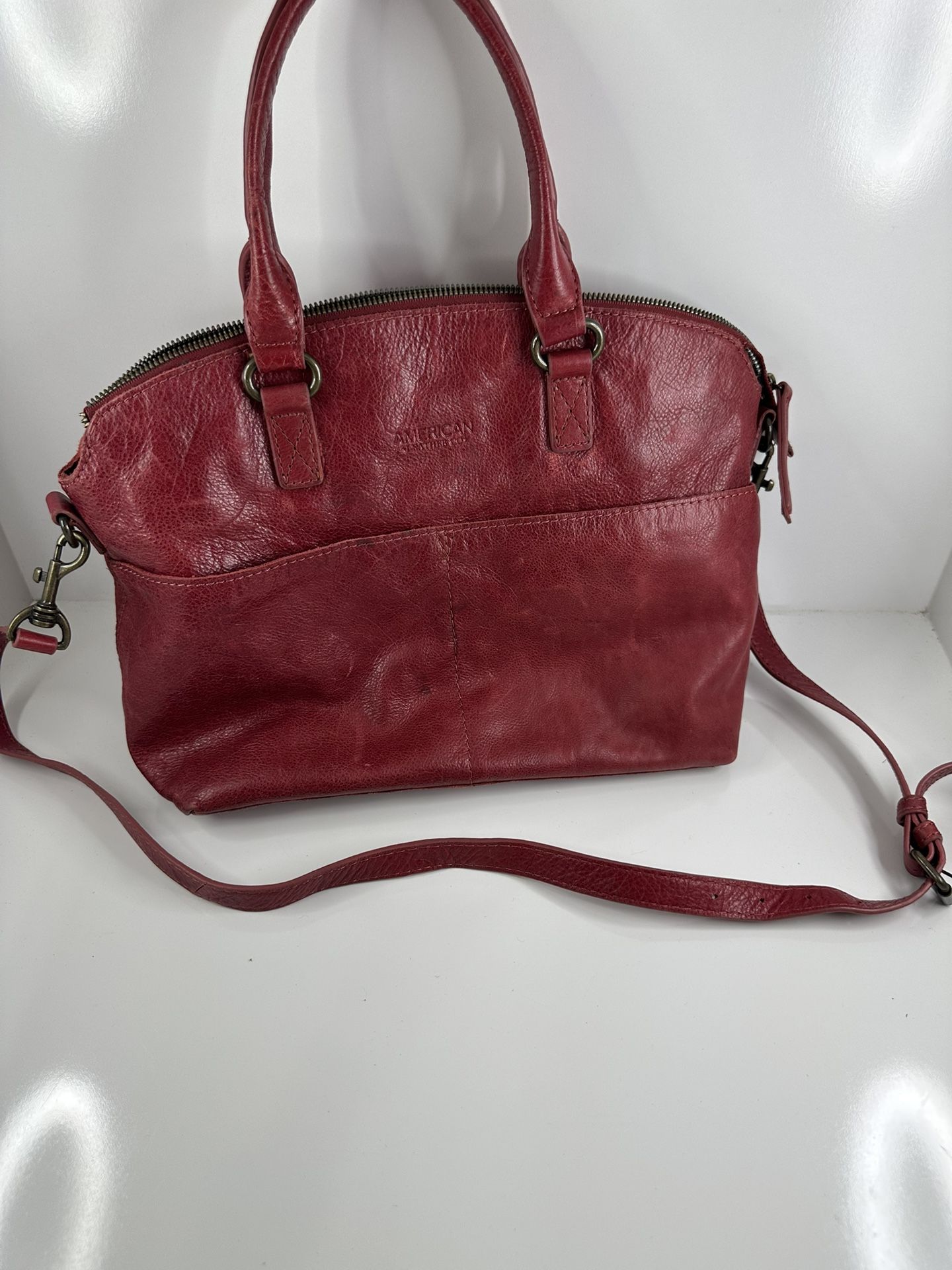 American Leather Co Genuine Leather Satchel Shoulder Bag Red Purse Handbag