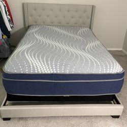 Queen Grey Upholstered Bed Frame + Mattress + Box Spring