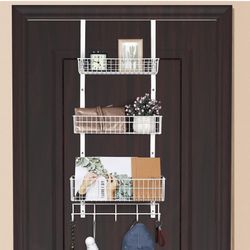 Over The Door Basket Organizer with 3 Mesh Baskets and 5 Hooks Heavy Duty Pantry Door Organizer Back of Door Storage Rack for Bathroom, Kitchen, Offic