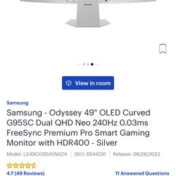 Samsung - Odyssey 49" OLED Curved G95SC Dual QHD Neo 240Hz 0.03ms FreeSync Premium Pro Smart Gaming Monitor with HDR400 - Silver