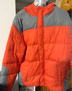 Orange and Gray Puffer Jacket with Hood