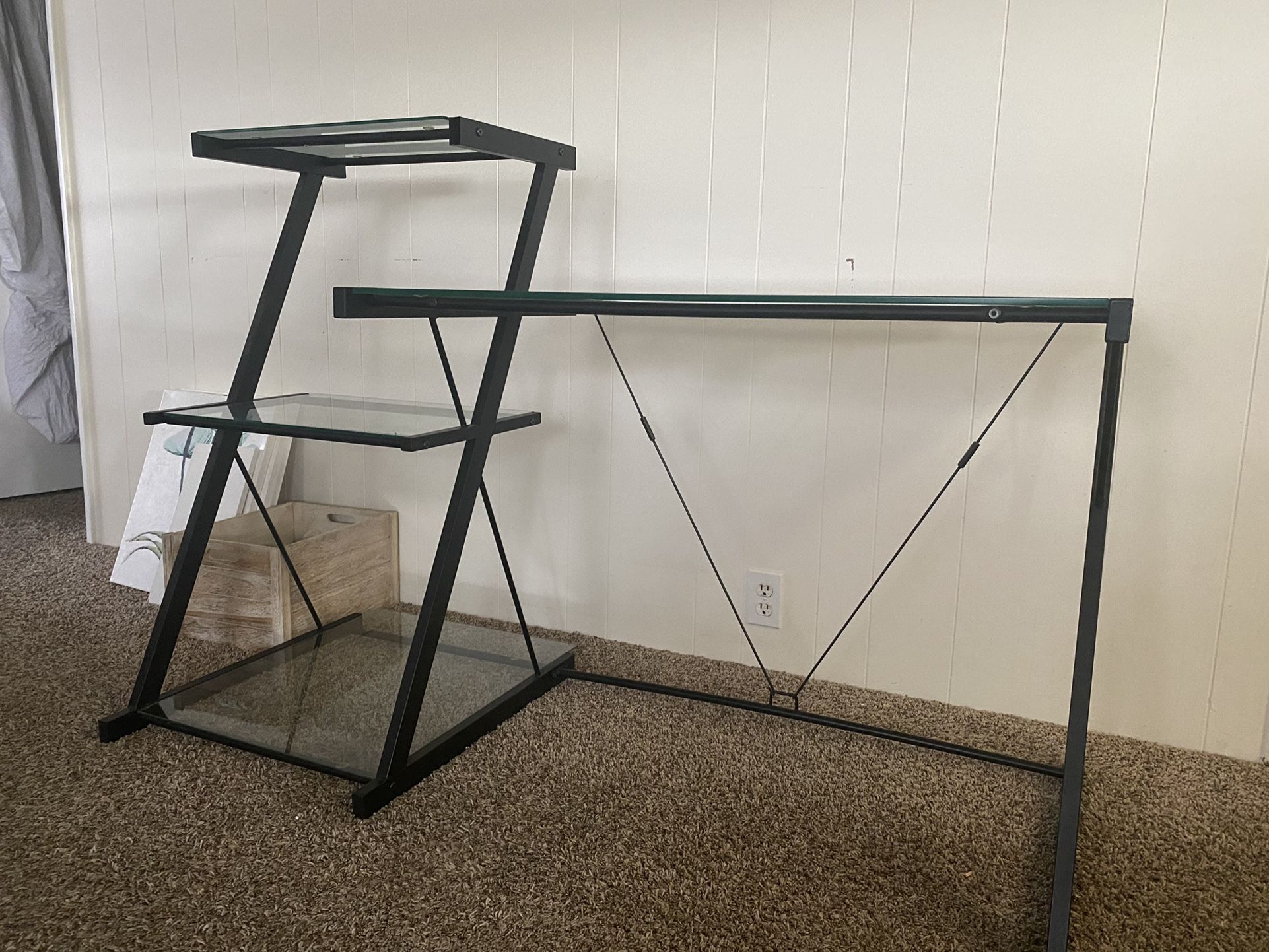 Modern S Glass Metal Office Desk With Shelves 