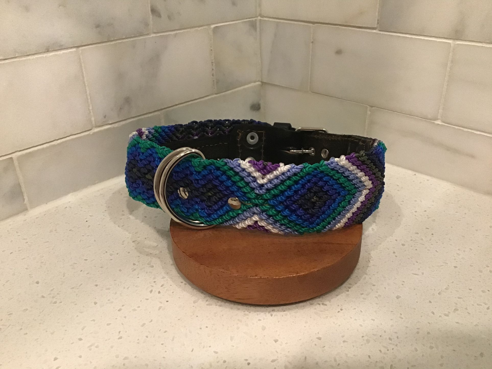 Handmade Dog Collar – 18” M/L – Blue, Purple & Teal Diamond Pattern