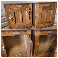 Vintage White Clad ice box Oak end table cabinet Nightstand
