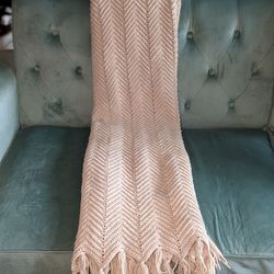 Handmade Beige Crochet Throw Blanket With Fringe Hem