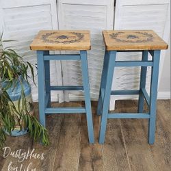 Stools/Bar Stools/Dining Room Decor/ Indoor, Patio Decor/Wood Stools/Set of 2/Rustic Two Tone Finish/Handpainted/Unique  Find/