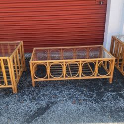 Vintage MCM Bentwood Living Room Set, Coffee Table + 2 Side Tables Glass Tops, Really Nice Tropical Decor. 