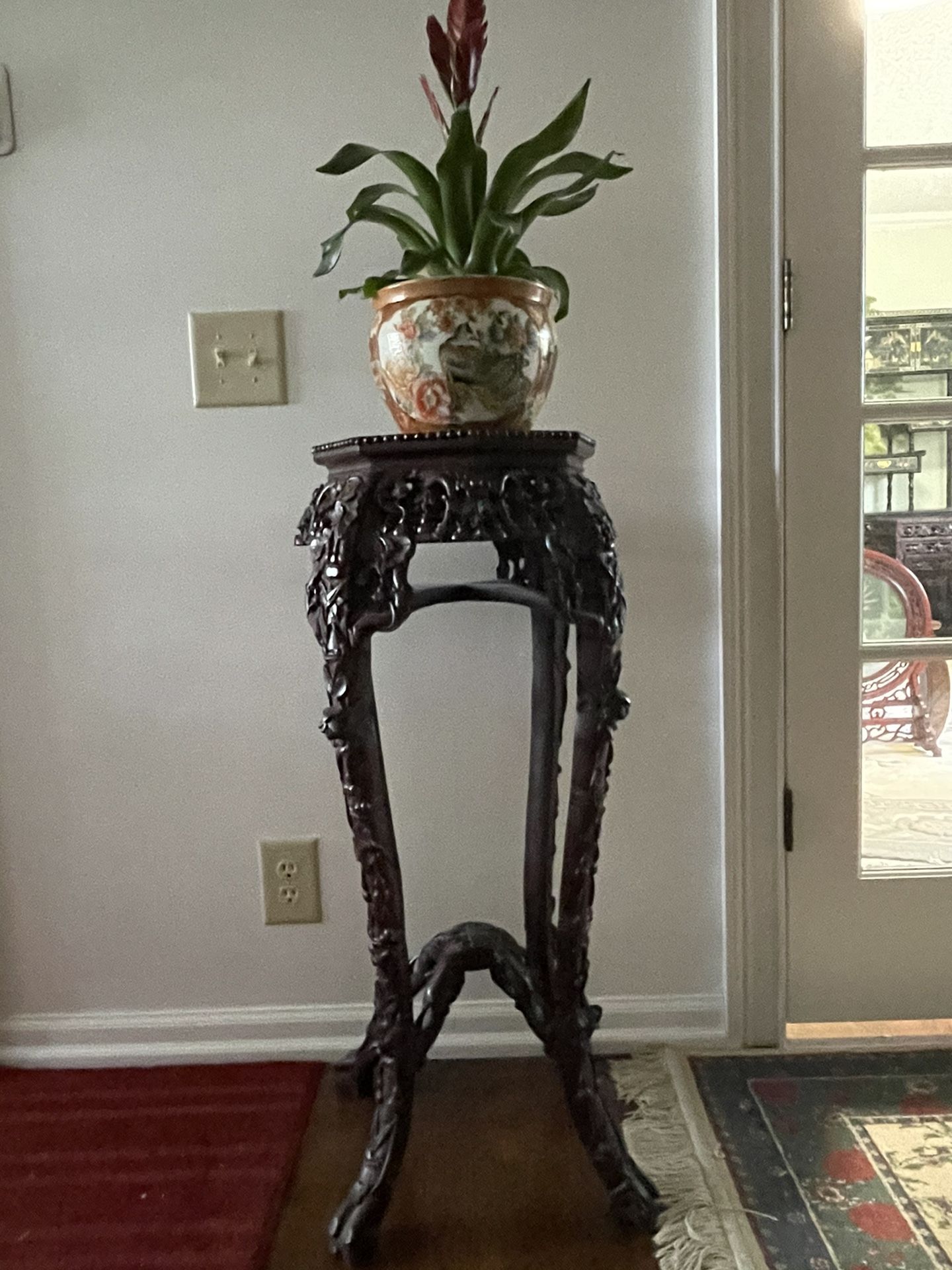 Vintage Chinese Rosewood Hand Carved Plant Stand /Table With Marble Top