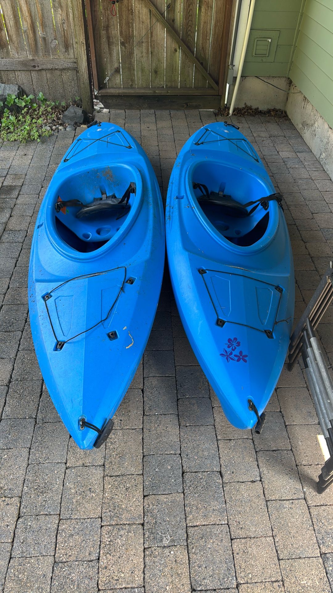Two Kayaks With Paddles & Life Jackets