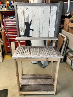 Shabby chic potting table with black cat - $70 cash