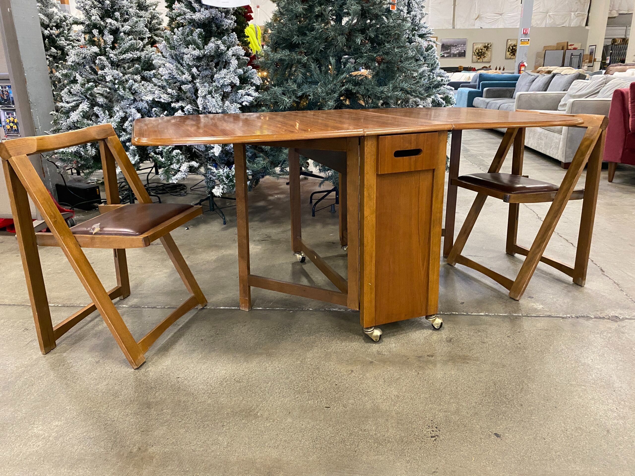 Vintage Mid-Century Modern Danish Teak Drop Leaf Dining Set with Folding Chairs (Set of 2)