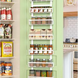 Over the Door Pantry Organizer 9 Tier Metal Narrow Door Pantry Spice Rack with Height Adjustable Baskets Pantry Storage 14.8" W x 77" H for Kitchen, B