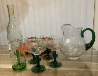 Mexican Cactus Hand Blown Glass Margarita Pitcher 4 Margarita Glasses set Porfidio Tequila bottle Shipping Available 