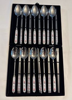 Set of 20 Spoons and Chopsticks w/ Porcelain Floral Handles
