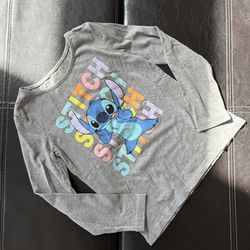 Disney - Girl’s Gray Long Sleeve Tee with Colorful Stitch Graphic