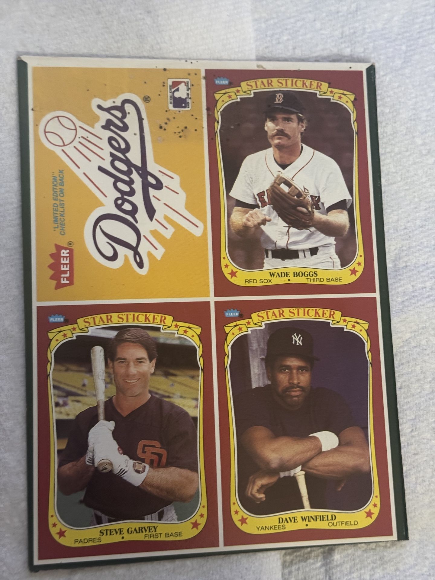 1986 Fleer Stickers Wax Box Bottom Complete Panel Wade Boggs Winfield Garvey