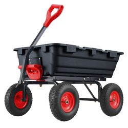 900 lbs Heavy Duty Garden Dump Cart, 4-Wheel Poly Utility Yard Wagon with 10" Pneumatic Tires & 180° Rotating Handle, Steel Frame for Lawn, Farm, Barn