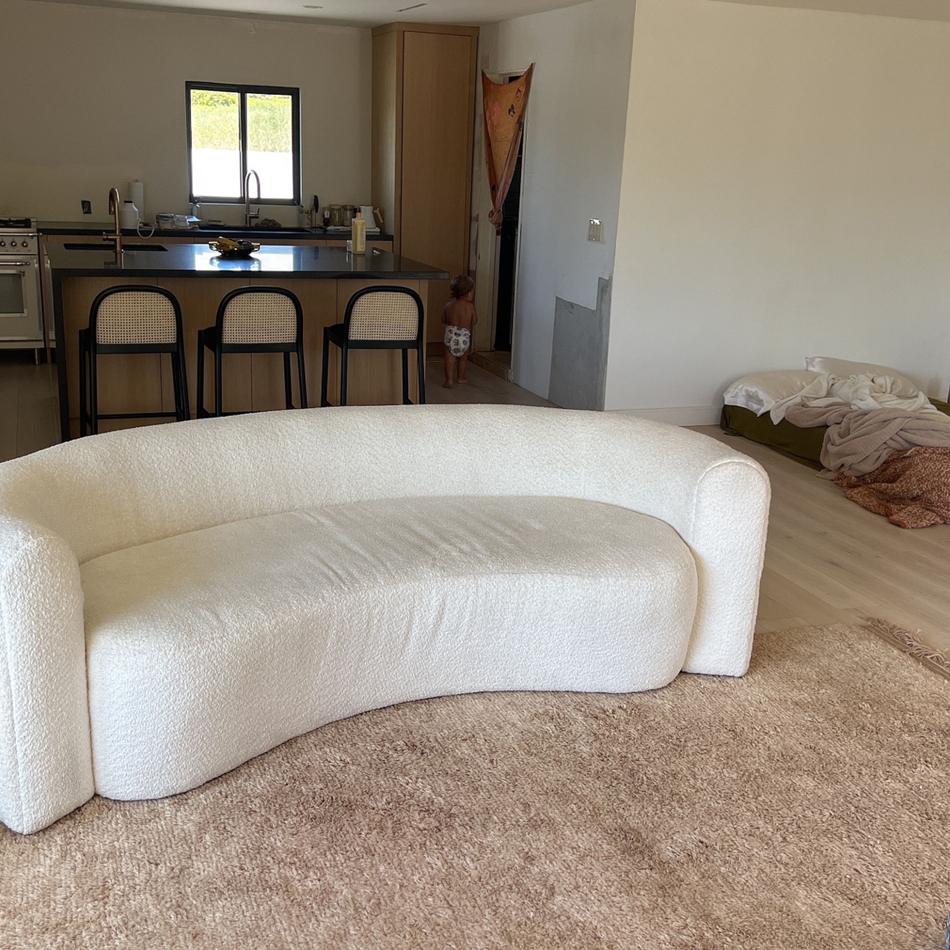 crate and barrel off white boucle couch 