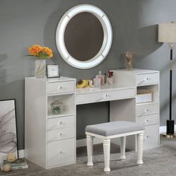 FINANCE TODAY! - Glam Style Luminous White Finish Wood Vanity Stool Mirror Set
