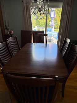 Solid French Cherry Wood Double Pedestal Dining Table Set (6 Chairs + 2 Leaves)
