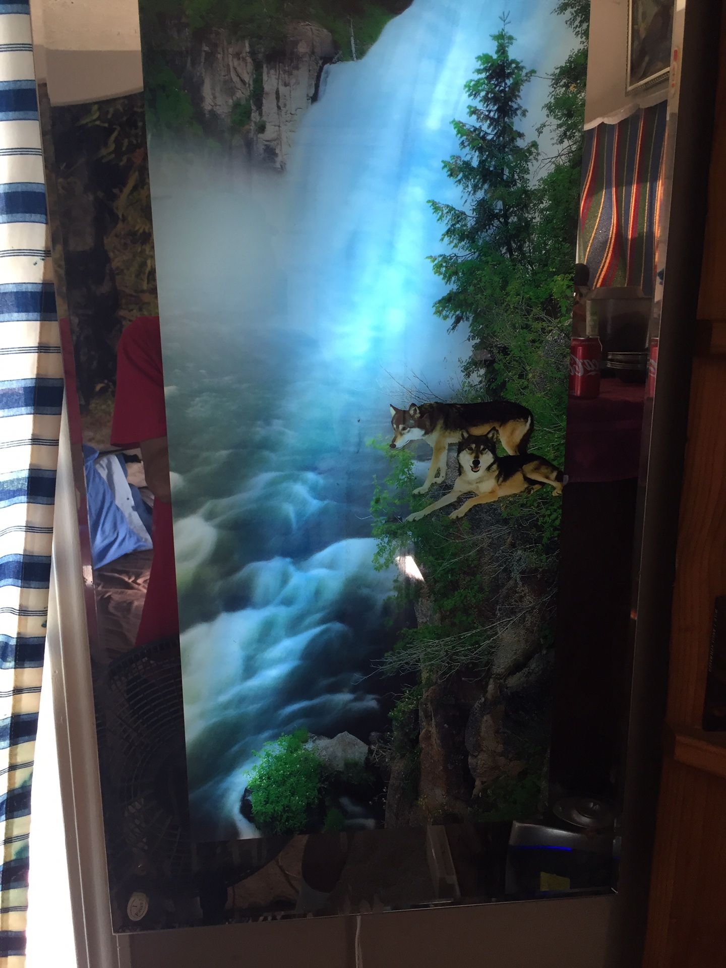 Hanging mirror of waterfall and wolves