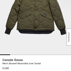 Canada Goose - Men's Boswell Reversible Liner Jacket $1,050+tax（original price） Color: MILGRN/BLACK （size M）