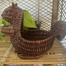 Vintage Wicker Squirrel Planter, Woven Squirrel, Intricate Rattan Basket