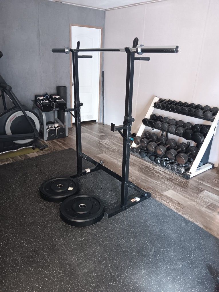 New 45lb Olympic Bumper Plates With Barbell & Rack