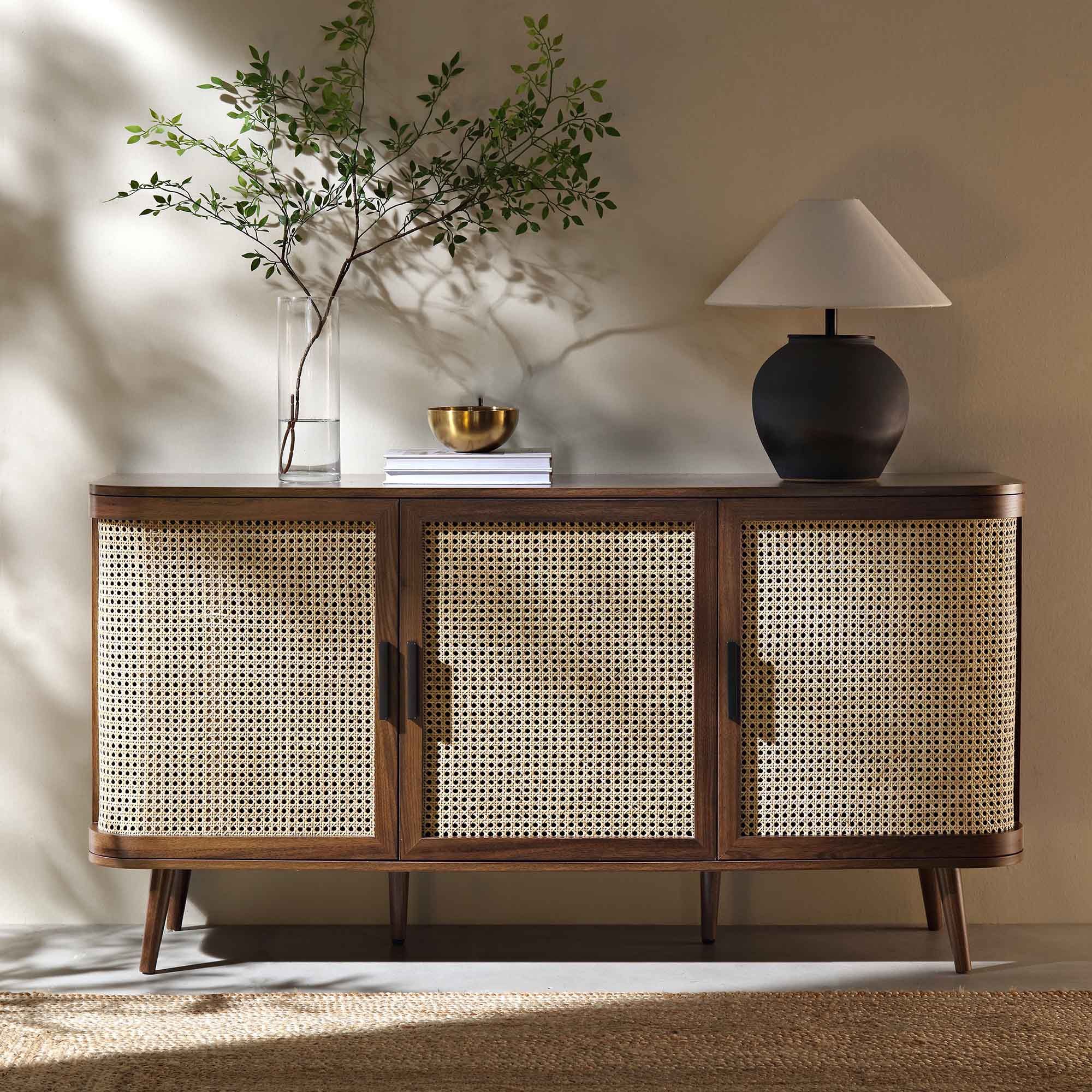 59.1”Izzy Curved Rattan Large 3-Door Sideboard, Walnut