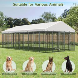 Large Dog Kennel Outdoor Pet Pens Dogs Run Enclosure Animal Hutch Metal Coop Fence with Roof Cover. 18.9'L x 9.61'W x 6.76'H.